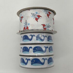 NEW Lot of 4 Ribbon Grosgrain Rockets Whales Boy Craft Sew Space Ocean Blue